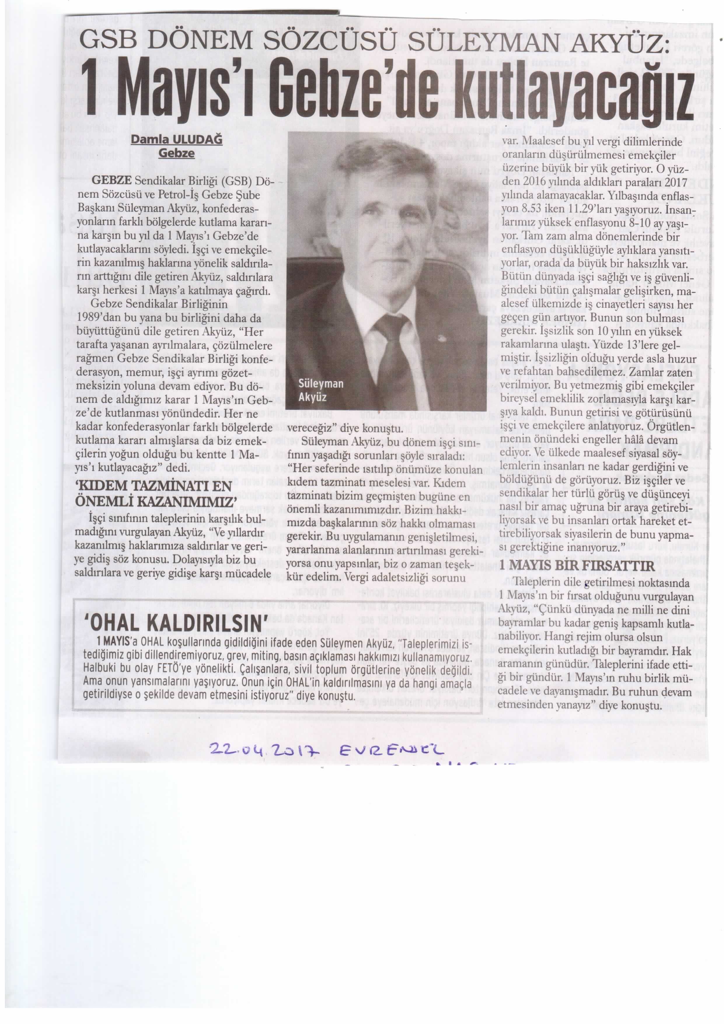 Gebze Şubemiz 1 Mayıs’ı Gebze’de Kutlayacak